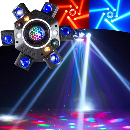 120W 6-Arm RGB Moving Head DJ Light, Spider Effects with LED Ring & Starry Sky – Perfect for Stage, Weddings, Clubs, Christmas, Halloween & New Year Parties