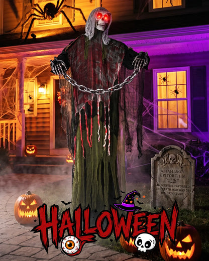 6FT Life-Size Animated Halloween Skeleton Ghost, Sound-Activated Standing Ghost with Glowing Red Eyes, Moving Arms, Black Robe, Bloody Gauze & Chain Shackles for Haunted House, Yard, Porch and Party Plastic