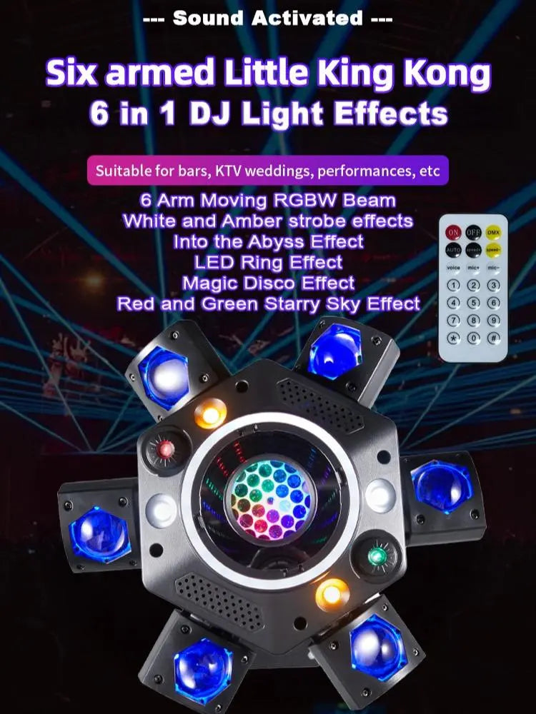 120W 6-Arm RGB Moving Head DJ Light, Spider Effects with LED Ring & Starry Sky – Perfect for Stage, Weddings, Clubs, Christmas, Halloween & New Year Parties