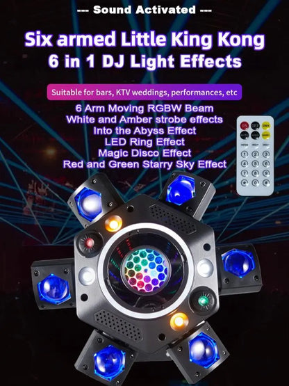 120W 6-Arm RGB Moving Head DJ Light, Spider Effects with LED Ring & Starry Sky – Perfect for Stage, Weddings, Clubs, Christmas, Halloween & New Year Parties