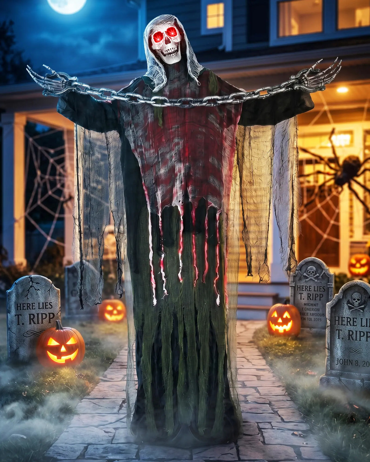 6FT Life-Size Animated Halloween Skeleton Ghost, Sound-Activated Standing Ghost with Glowing Red Eyes, Moving Arms, Black Robe, Bloody Gauze & Chain Shackles for Haunted House, Yard, Porch and Party Plastic