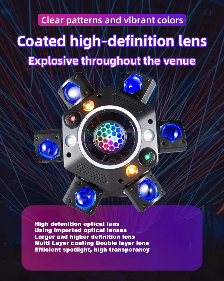 120W 6-Arm RGB Moving Head DJ Light, Spider Effects with LED Ring & Starry Sky – Perfect for Stage, Weddings, Clubs, Christmas, Halloween & New Year Parties