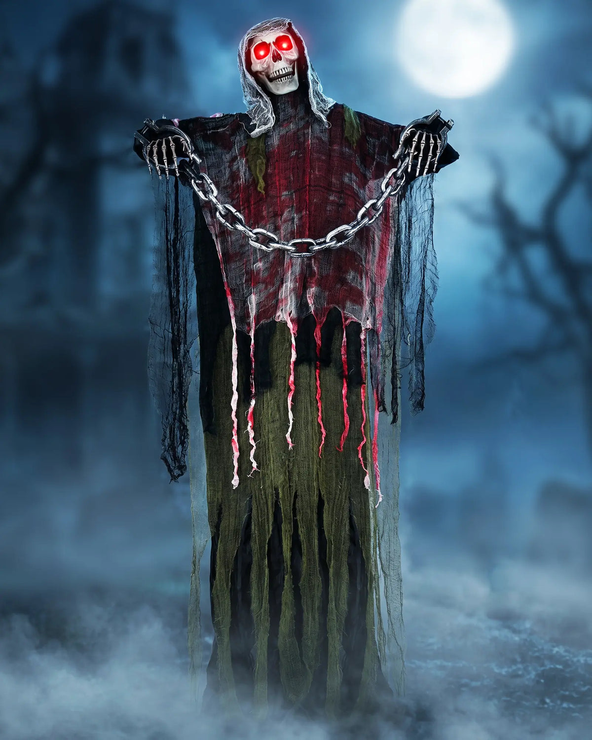 6FT Life-Size Animated Halloween Skeleton Ghost, Sound-Activated Standing Ghost with Glowing Red Eyes, Moving Arms, Black Robe, Bloody Gauze & Chain Shackles for Haunted House, Yard, Porch and Party Plastic
