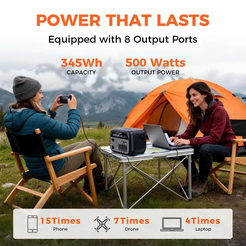 500W 345Wh Camping Power Station Powerbank Emergency Supply Backup LiFePO4 Battery Portable Solar Generator Energy Travel RVs Emergencies Gas Alternative Charging Rechargeable [Power Outage Survival]