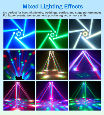 120W 6-Arm RGB Moving Head DJ Light, Spider Effects with LED Ring & Starry Sky – Perfect for Stage, Weddings, Clubs, Christmas, Halloween & New Year Parties