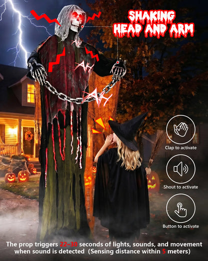 6FT Life-Size Animated Halloween Skeleton Ghost, Sound-Activated Standing Ghost with Glowing Red Eyes, Moving Arms, Black Robe, Bloody Gauze & Chain Shackles for Haunted House, Yard, Porch and Party Plastic