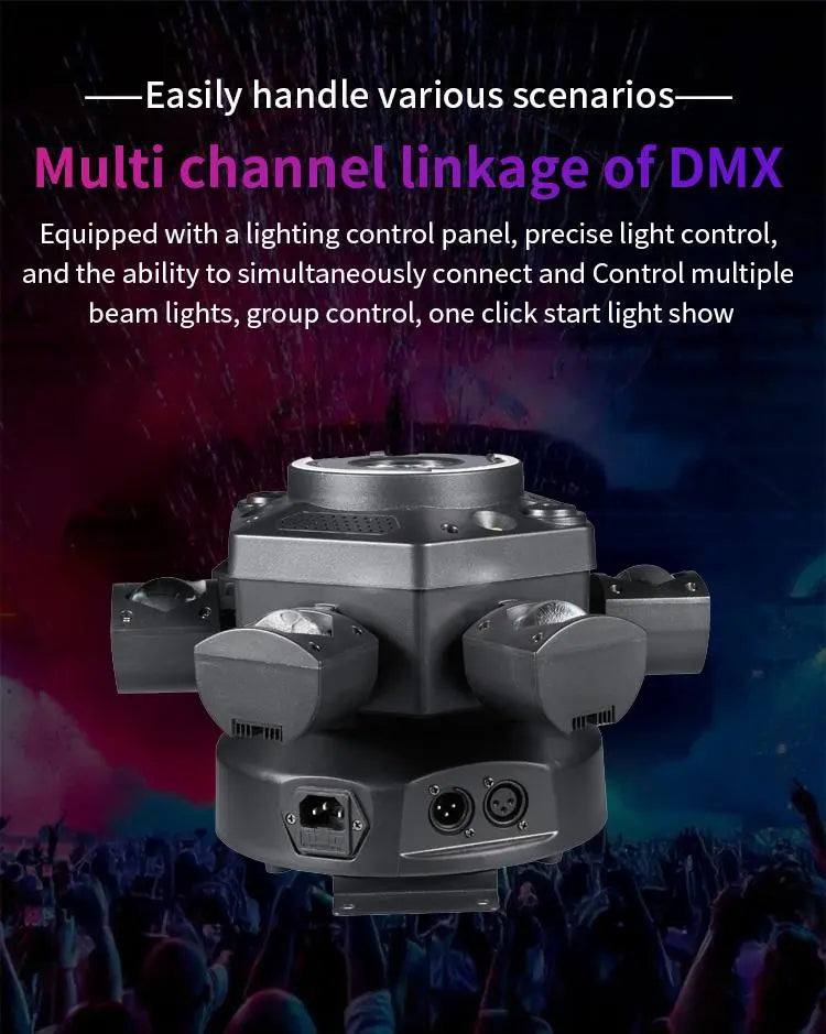 120W 6-Arm RGB Moving Head DJ Light, Spider Effects with LED Ring & Starry Sky – Perfect for Stage, Weddings, Clubs, Christmas, Halloween & New Year Parties