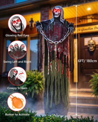 6FT Life-Size Animated Halloween Skeleton Ghost, Sound-Activated Standing Ghost with Glowing Red Eyes, Moving Arms, Black Robe, Bloody Gauze & Chain Shackles for Haunted House, Yard, Porch and Party Plastic