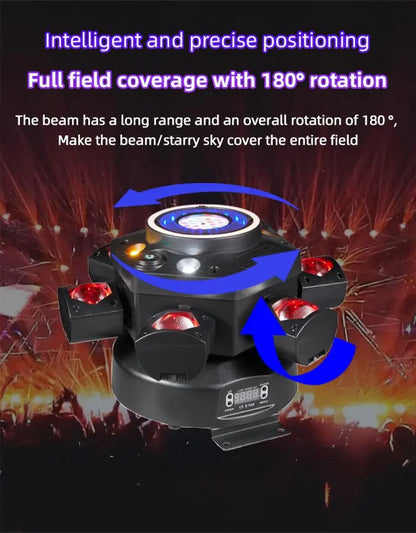 120W 6-Arm RGB Moving Head DJ Light, Spider Effects with LED Ring & Starry Sky – Perfect for Stage, Weddings, Clubs, Christmas, Halloween & New Year Parties