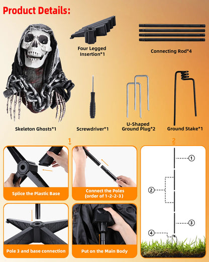 6FT Life-Size Animated Halloween Skeleton Ghost, Sound-Activated Standing Ghost with Glowing Red Eyes, Moving Arms, Black Robe, Bloody Gauze & Chain Shackles for Haunted House, Yard, Porch and Party Plastic