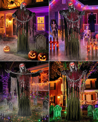 6FT Life-Size Animated Halloween Skeleton Ghost, Sound-Activated Standing Ghost with Glowing Red Eyes, Moving Arms, Black Robe, Bloody Gauze & Chain Shackles for Haunted House, Yard, Porch and Party Plastic