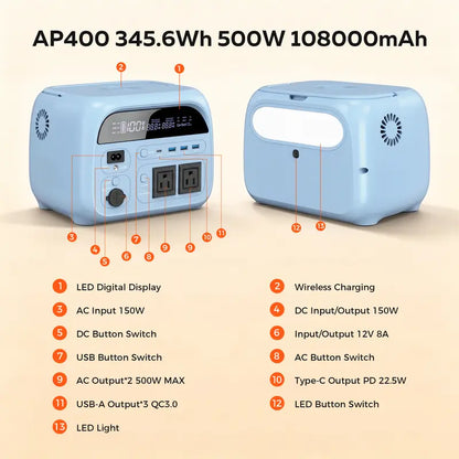 500W 345Wh Camping Power Station Powerbank Emergency Supply Backup LiFePO4 Battery Portable Solar Generator Energy Travel RVs Emergencies Gas Alternative Charging Rechargeable [Power Outage Survival]