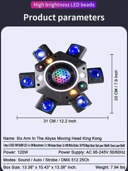 120W 6-Arm RGB Moving Head DJ Light, Spider Effects with LED Ring & Starry Sky – Perfect for Stage, Weddings, Clubs, Christmas, Halloween & New Year Parties