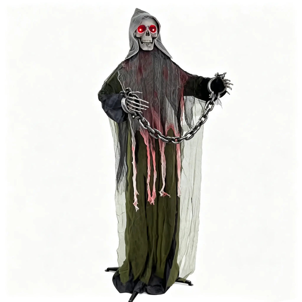 6FT Life-Size Animated Halloween Skeleton Ghost, Sound-Activated Standing Ghost with Glowing Red Eyes, Moving Arms, Black Robe, Bloody Gauze & Chain Shackles for Haunted House, Yard, Porch and Party Plastic