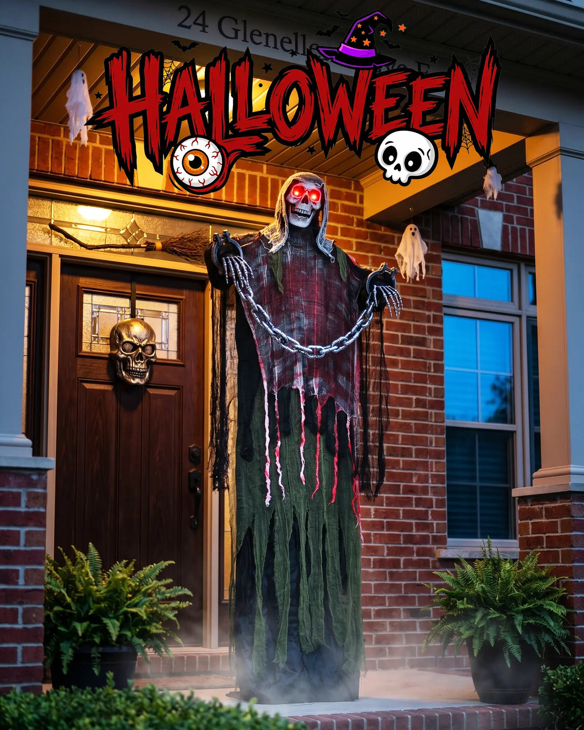 6FT Life-Size Animated Halloween Skeleton Ghost, Sound-Activated Standing Ghost with Glowing Red Eyes, Moving Arms, Black Robe, Bloody Gauze & Chain Shackles for Haunted House, Yard, Porch and Party Plastic