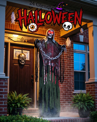 6FT Life-Size Animated Halloween Skeleton Ghost, Sound-Activated Standing Ghost with Glowing Red Eyes, Moving Arms, Black Robe, Bloody Gauze & Chain Shackles for Haunted House, Yard, Porch and Party Plastic